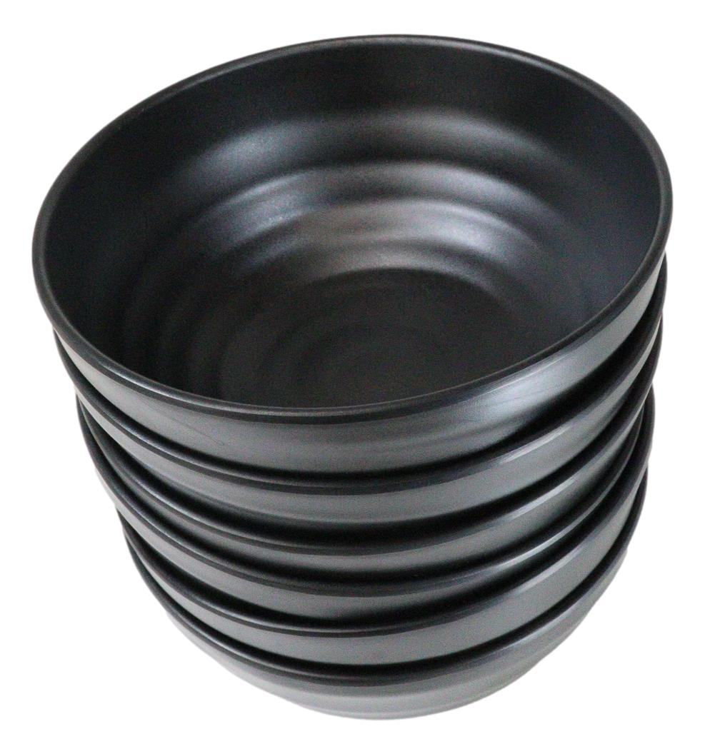 Pack Of 6 Modern Ridged Matte Black Melamine Deep Ramen Soup Pasta Bowls 46oz