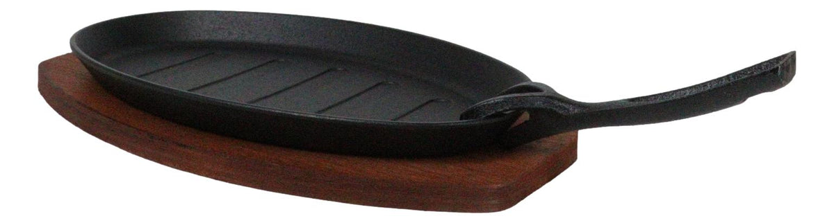 Personal Size Cast Iron Oval Fajita Steak Pan Skillet With Wood Trivet Base