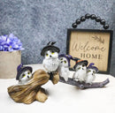 Halloween 5 Snow Owls and Owlets with Witch Hats Perching On Broomstick Figurine