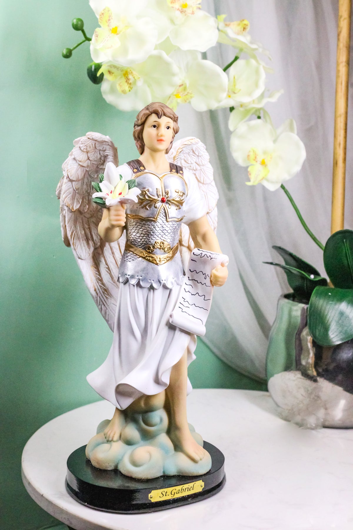 Archangel Saint Gabriel Holding Scroll and White Lotus Figurine With Base 12"H