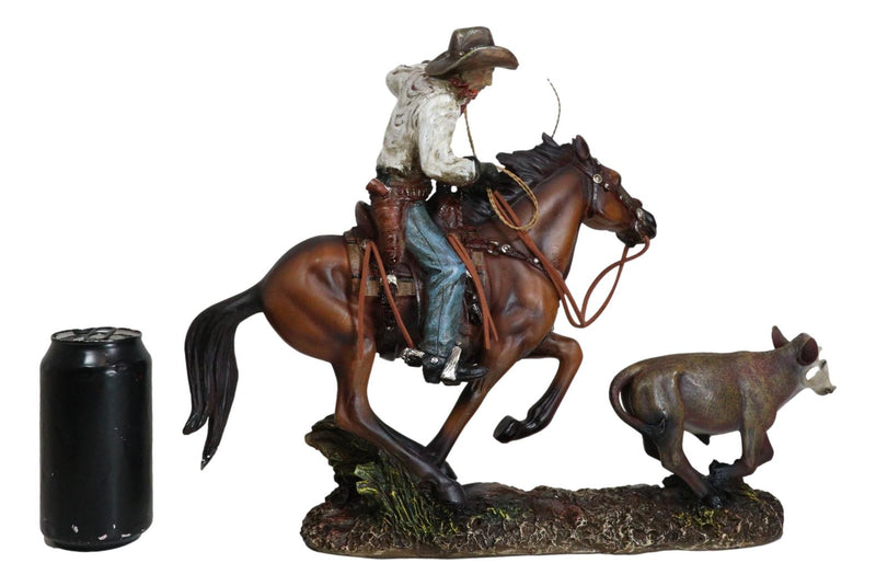 Rustic Western Cowboy Riding On Horse Rodeo Tie Down Roping A Calf Figurine