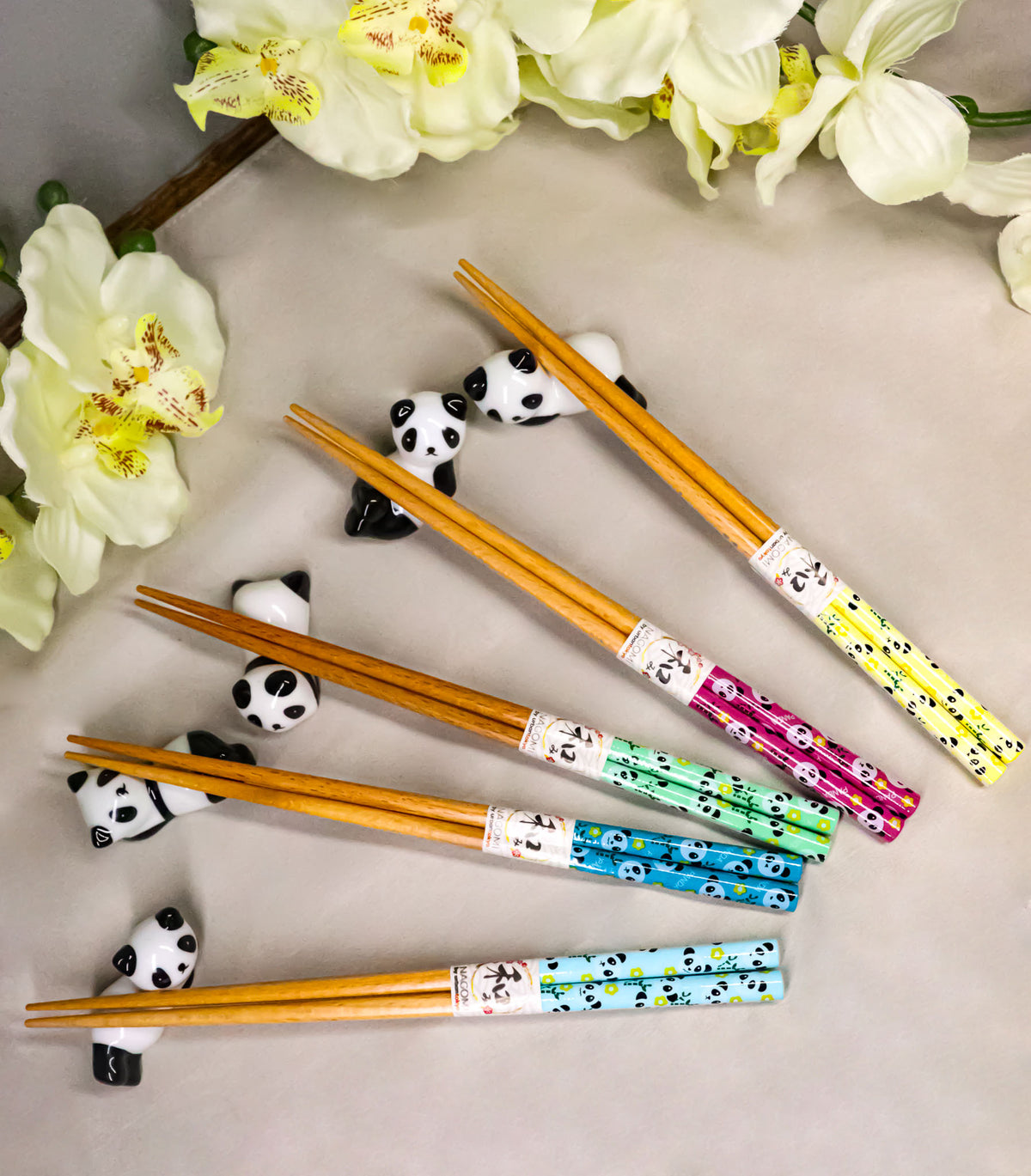5 Pairs Of Playful Oriental Panda Bears Ceramic Rests With Wooden Chopsticks Set