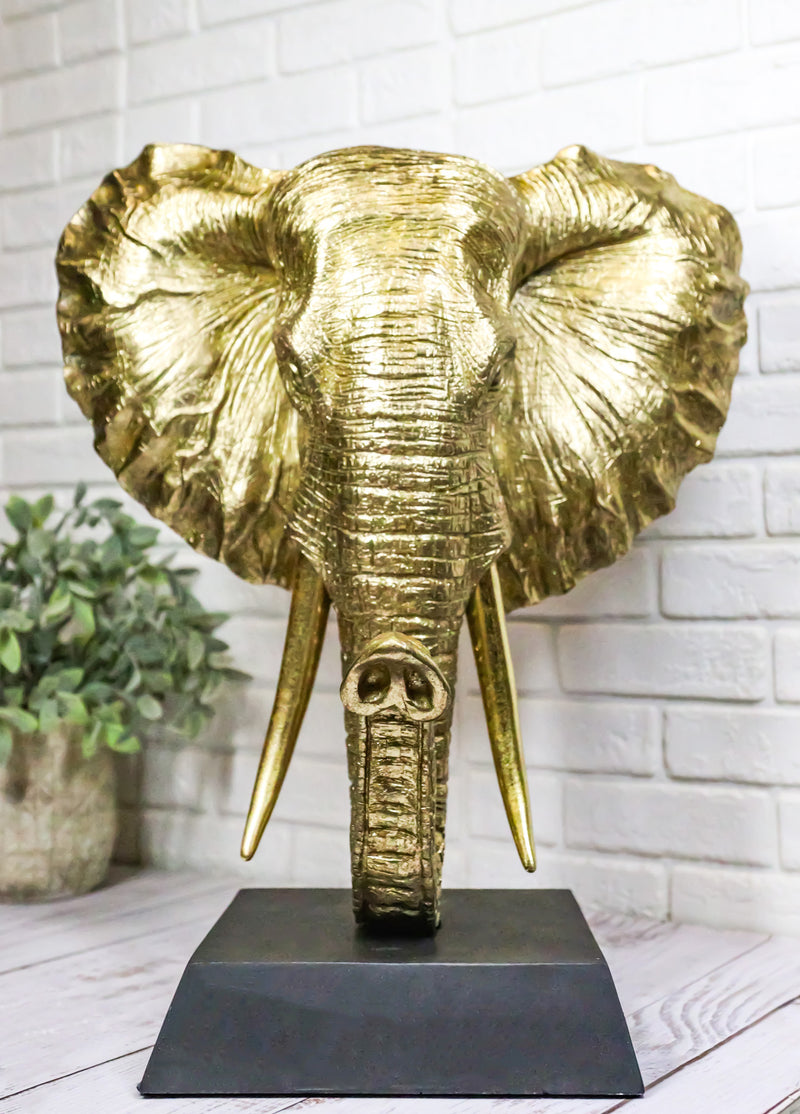 Large 18"H Gold Patina Safari African Bush Elephant Sculpture On Museum Base