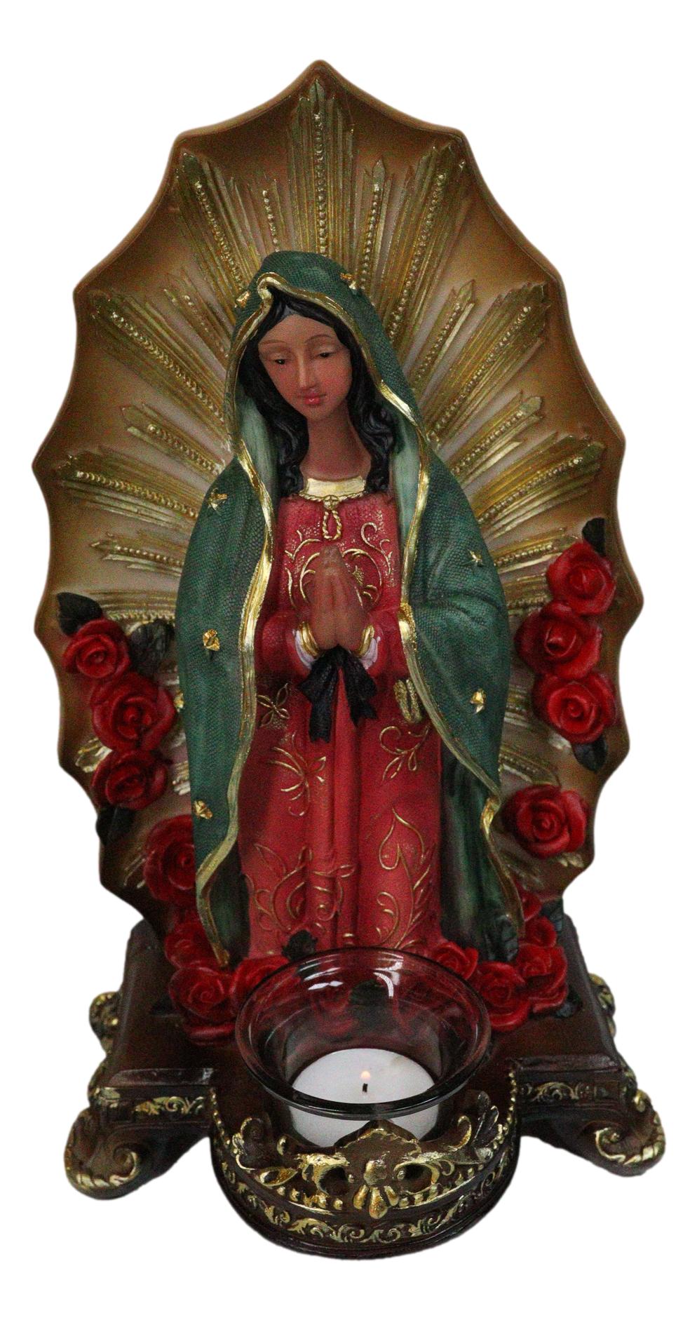 Our Blessed Mother Mary Lady of Guadalupe With Roses Candleholder Figurine 11"H