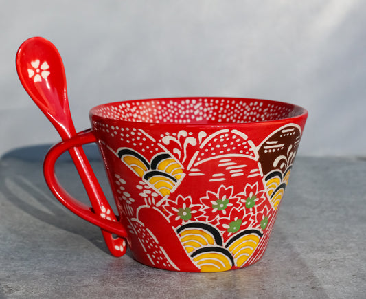 Ebros Porcelain Coffee Tea Latte Cafe Mug Drink Cup With Spoon 2pc Set 12oz Home Kitchen Decorative Ceramics (SINGLE, Red Mountain Landscape) - Ebros Gift