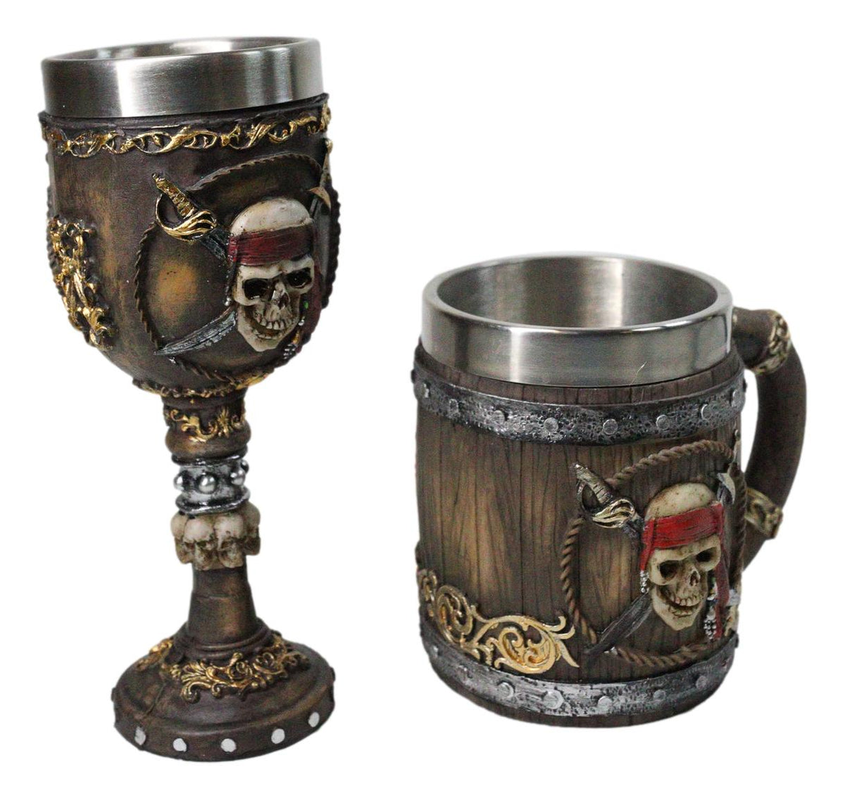 Nautical Rustic Barrel Pirate Skull Wine Goblet & Beer Tankard Mug Set of 2