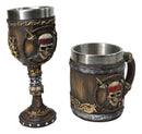 Nautical Rustic Barrel Pirate Skull Wine Goblet & Beer Tankard Mug Set of 2