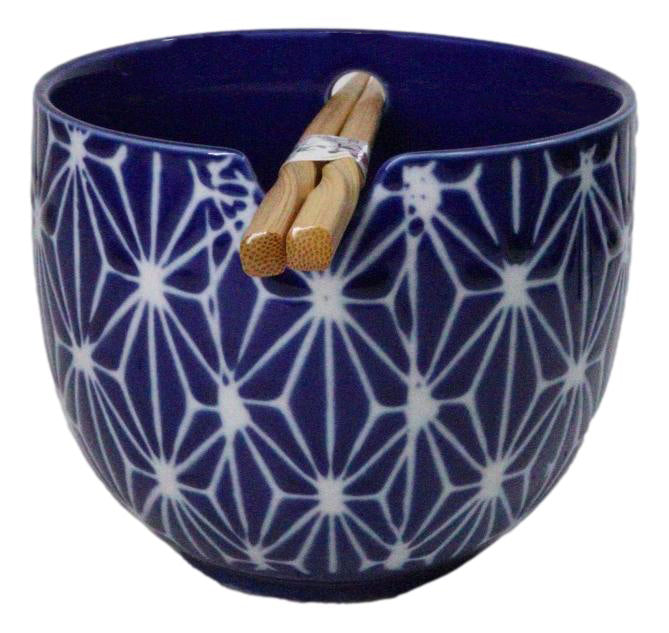 Asanoha Geometric Blue And White Donburi Ramen Soup Bowl With Chopsticks