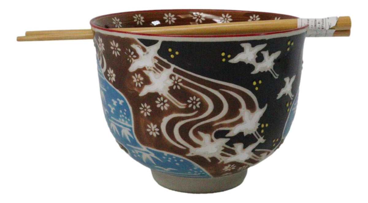 White Japanese Cranes Ceramic Donburi Ramen Soup Bowl With Chopsticks Set
