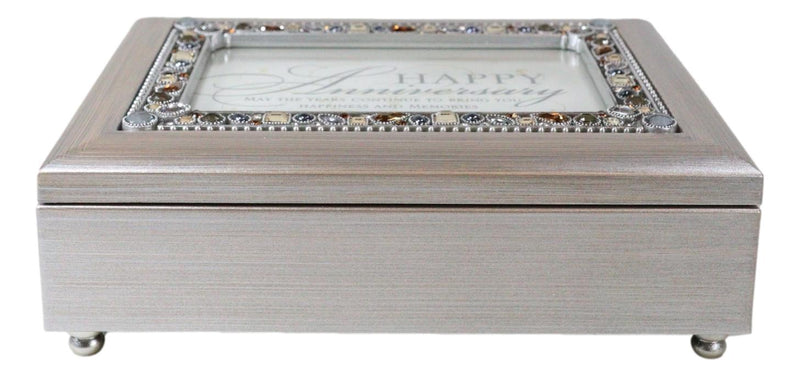 Happy Anniversary Polycast Brushed Pewter Crystal Gemstones Musical Trinket Box