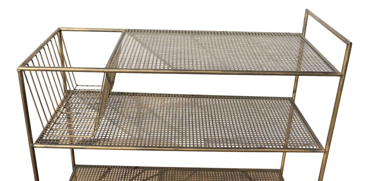 39"H Contemporary Brushed Gold Metal 3 Tier Shelf And Basket Bar Serving Cart