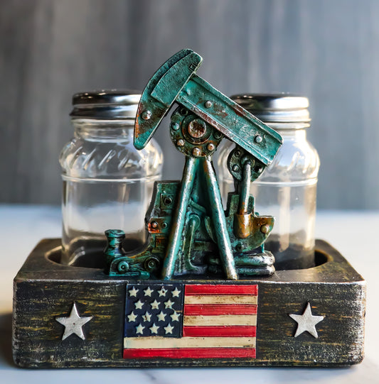 Rustic Vintage Oil Derrick Rig Pump Glass Salt And Pepper Shakers Holder Decor - Ebros Gift
