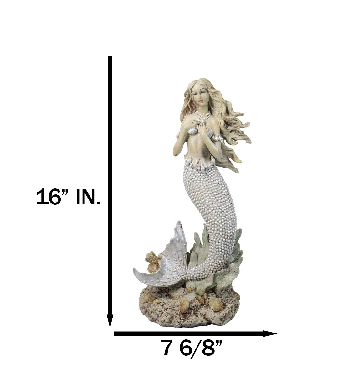 Marine Vintaged Pearly White Ariel Mermaid Sitting On Sea Rock Figurine 16" H
