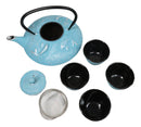 Turquoise Blue Lucky Koi Fishes Tetsubin 27oz Cast Iron Tea Pot With 4 Cups Set