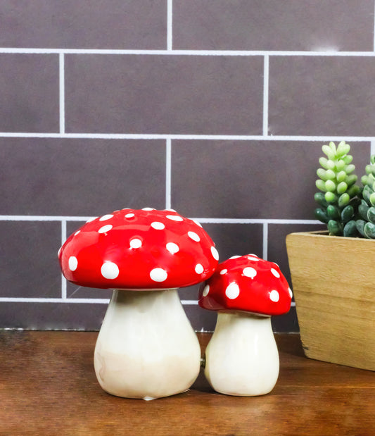 Bright Red White Polkadots Toadstool Mushrooms Pair Salt And Pepper Shakers