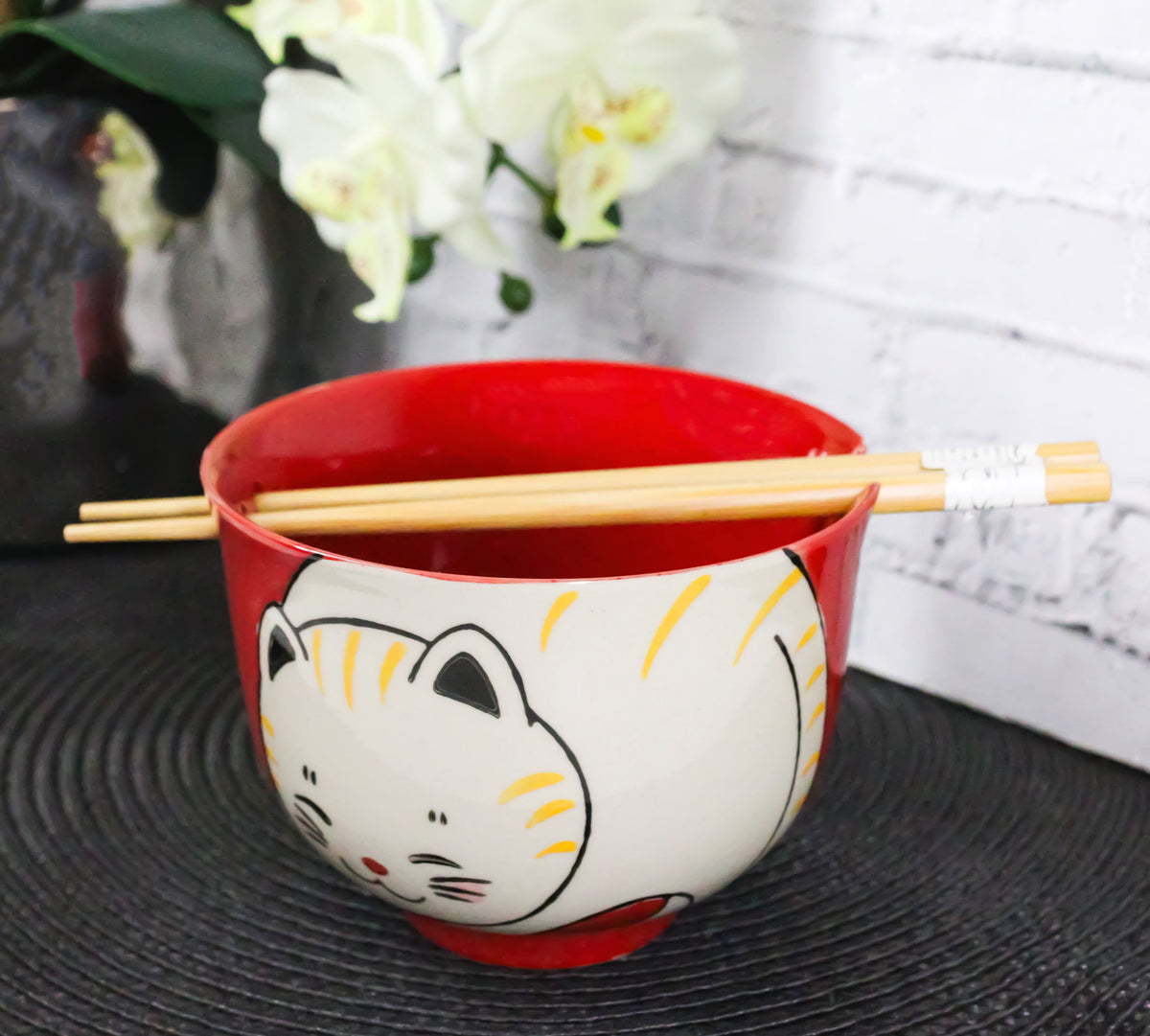 Red Cute Chubby Kitty Cat Ceramic Donburi Ramen Bowl With Chopsticks Set - Ebros Gift