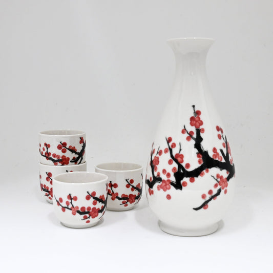 White Pink Sakura Cherry Blossom Porcelain Sake Flask And 4 Ochoko Cups Set