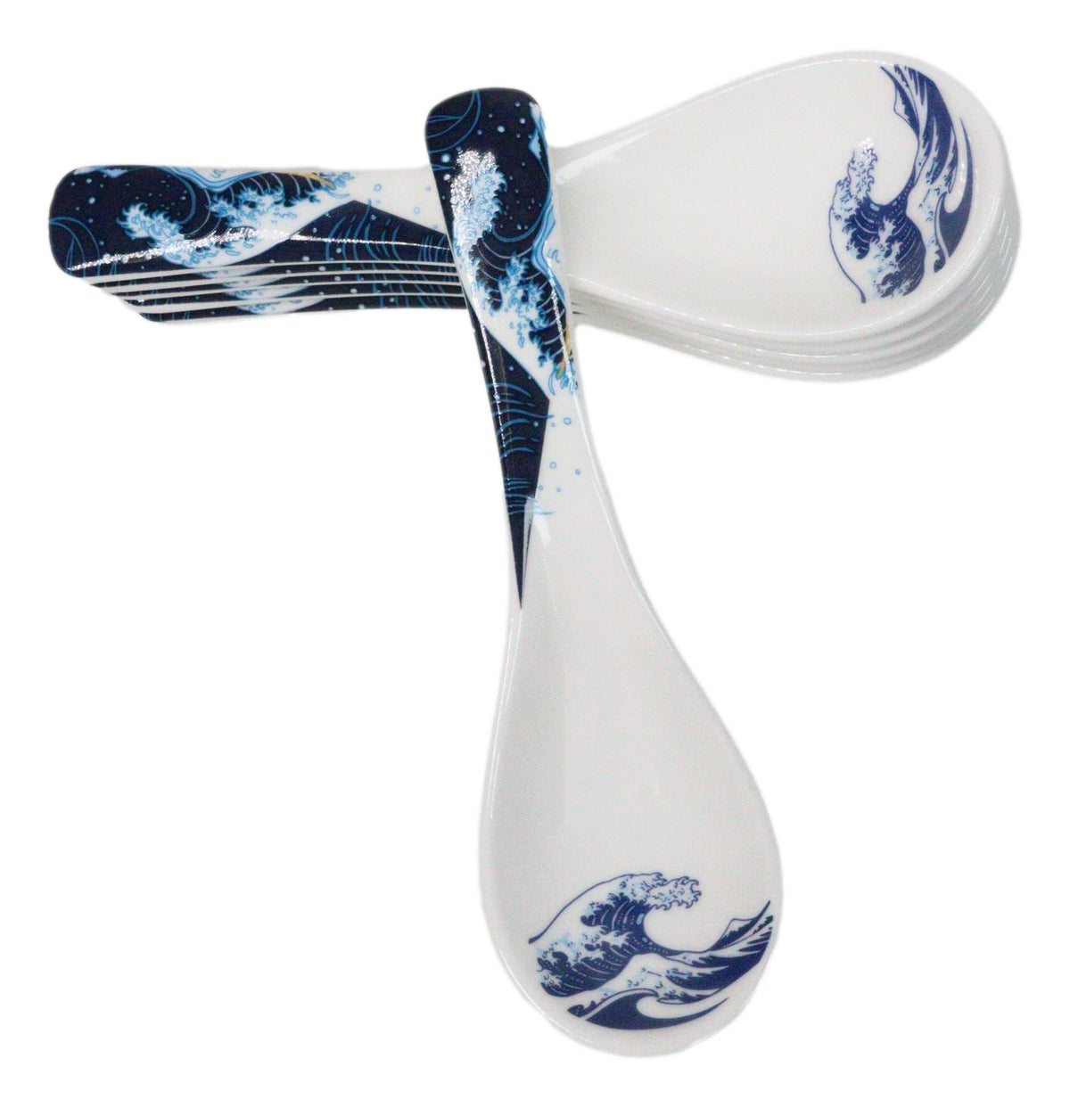 Set of 6 Great Wave Hokusai Porcelain Asian Soup Spoons Japanese Ramen Pho