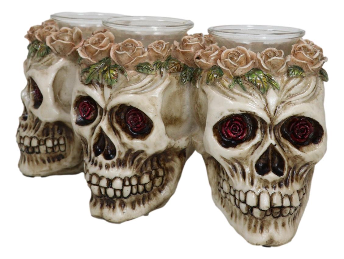 Gothic Skulls With Pink Roses Laurel Triple Votive Tea Light Candles Holder