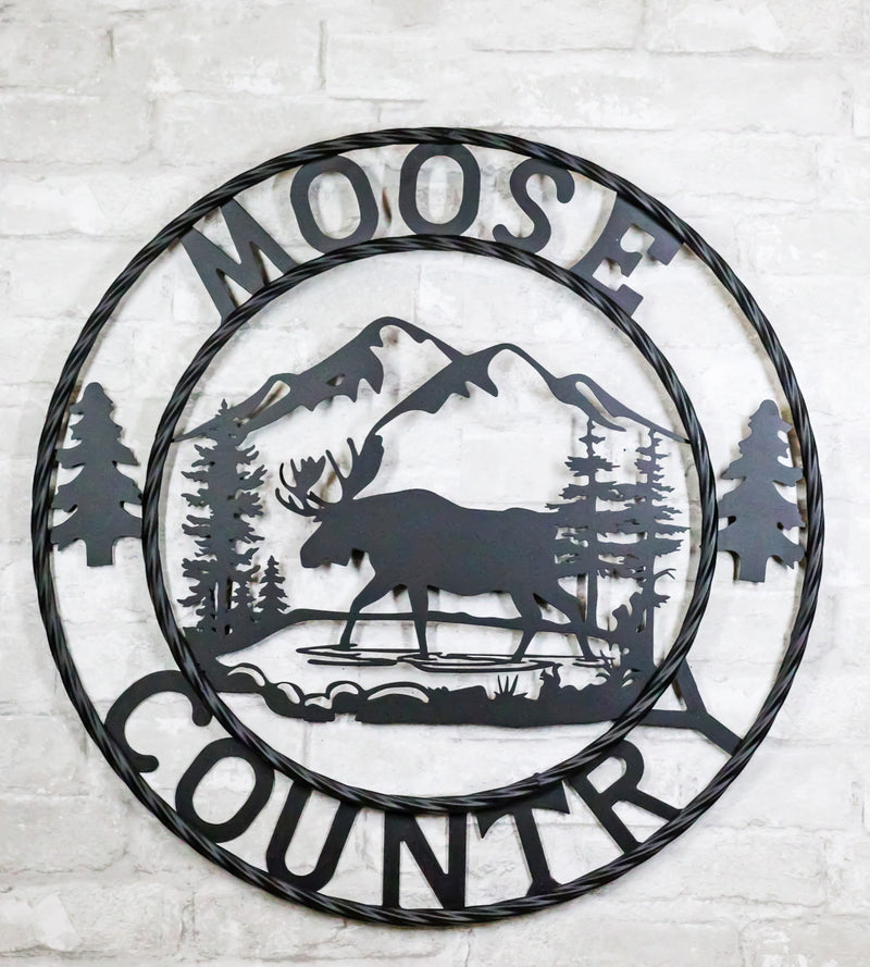 24" Rustic Western Moose Country By Mountains Pine Forest Metal Wall Circle Sign