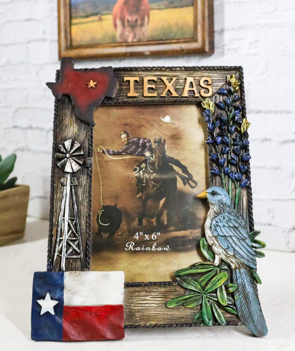 Rustic Western Patriotic Texas Mockingbird Windmill Bluebonnets Picture Frame - Ebros Gift