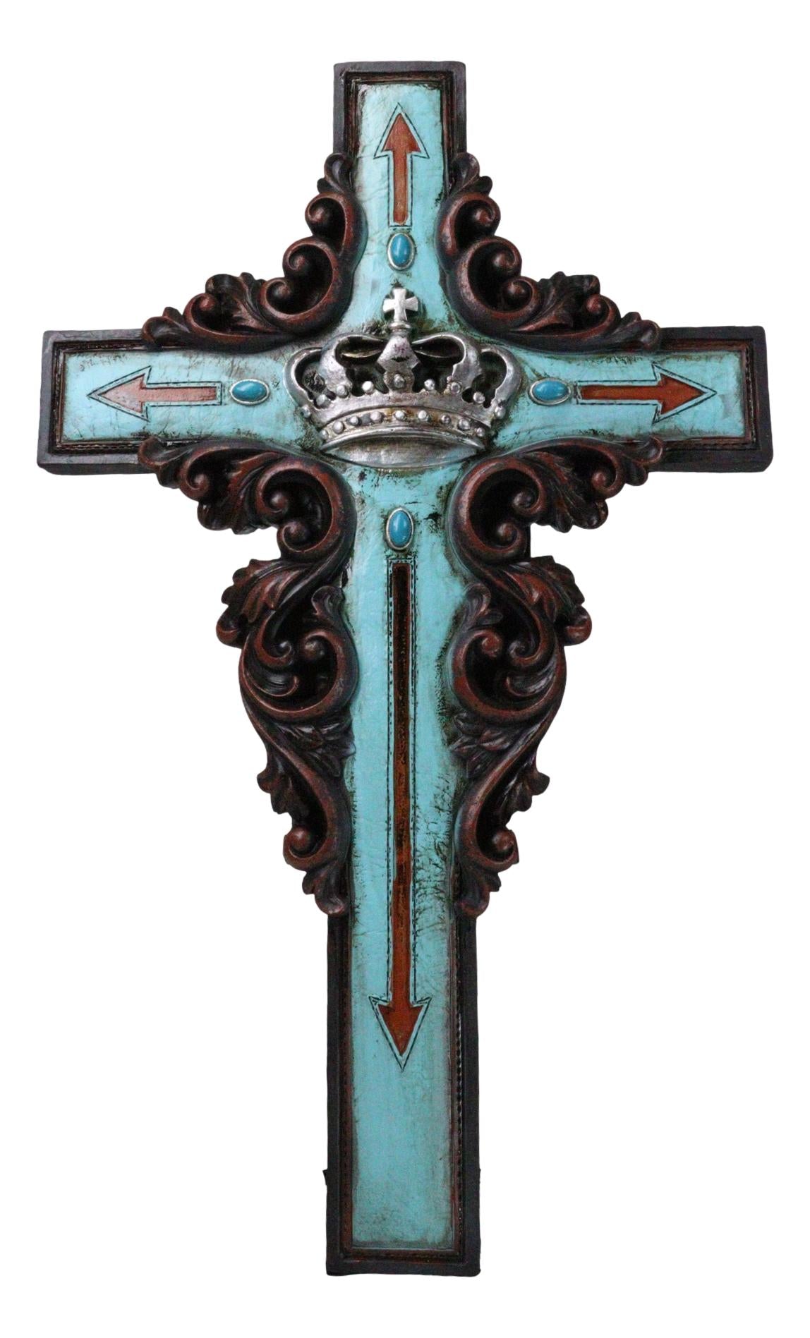 Rustic Faux Wood Turquoise Floral Scrollwork Arrows And King's Crown Wall Cross