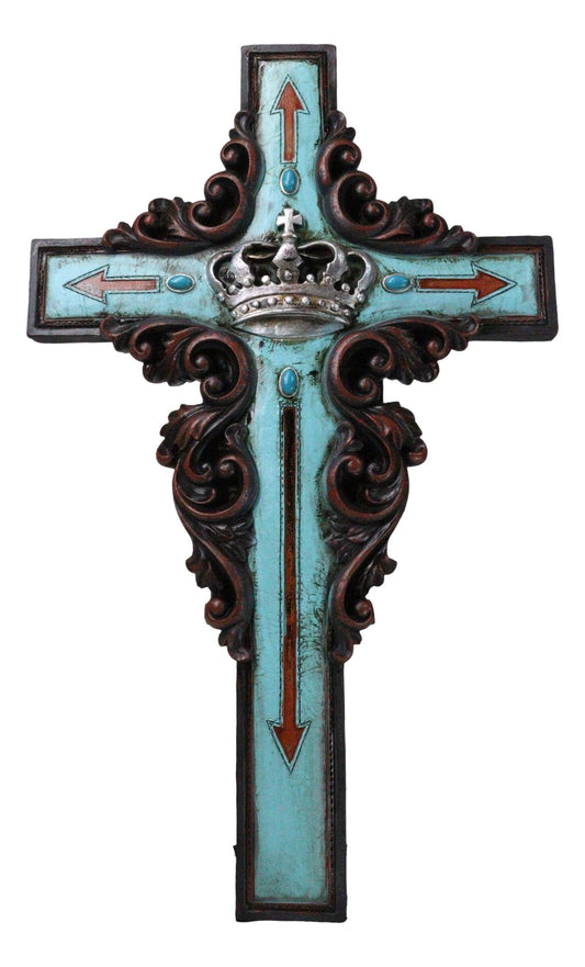 Rustic Faux Wood Turquoise Floral Scrollwork Arrows And King's Crown Wall Cross