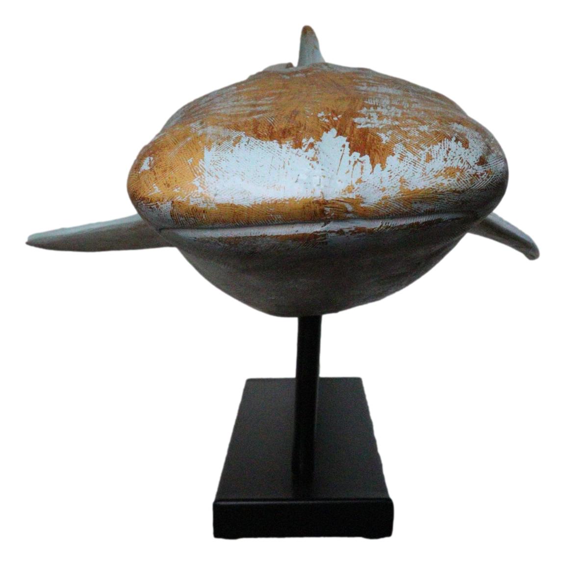 Large Nautical Marine Whale Shark Faux Wood Sculpture On Black Stand 37" Long