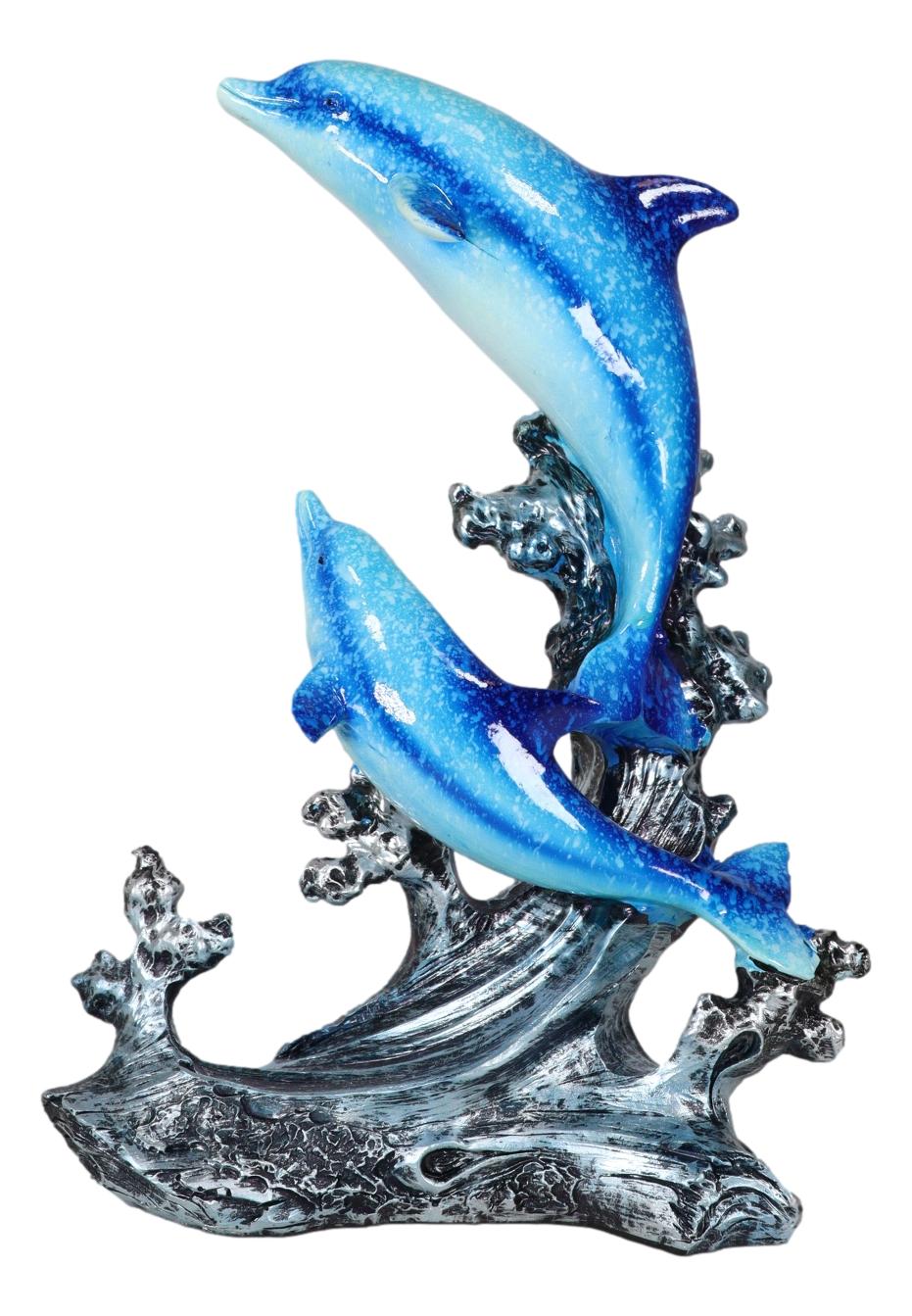 Nautical Marine Sea Ocean 2 Blue Dolphins Leaping Out Of The Reef Waves Figurine