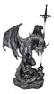 Stone Grey Dragon Holding Blue Orb and Drake Skull Sword Letter Opener Figurine