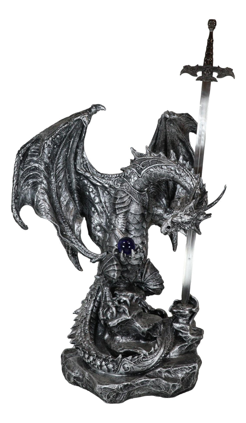 Stone Grey Dragon Holding Blue Orb and Drake Skull Sword Letter Opener Figurine