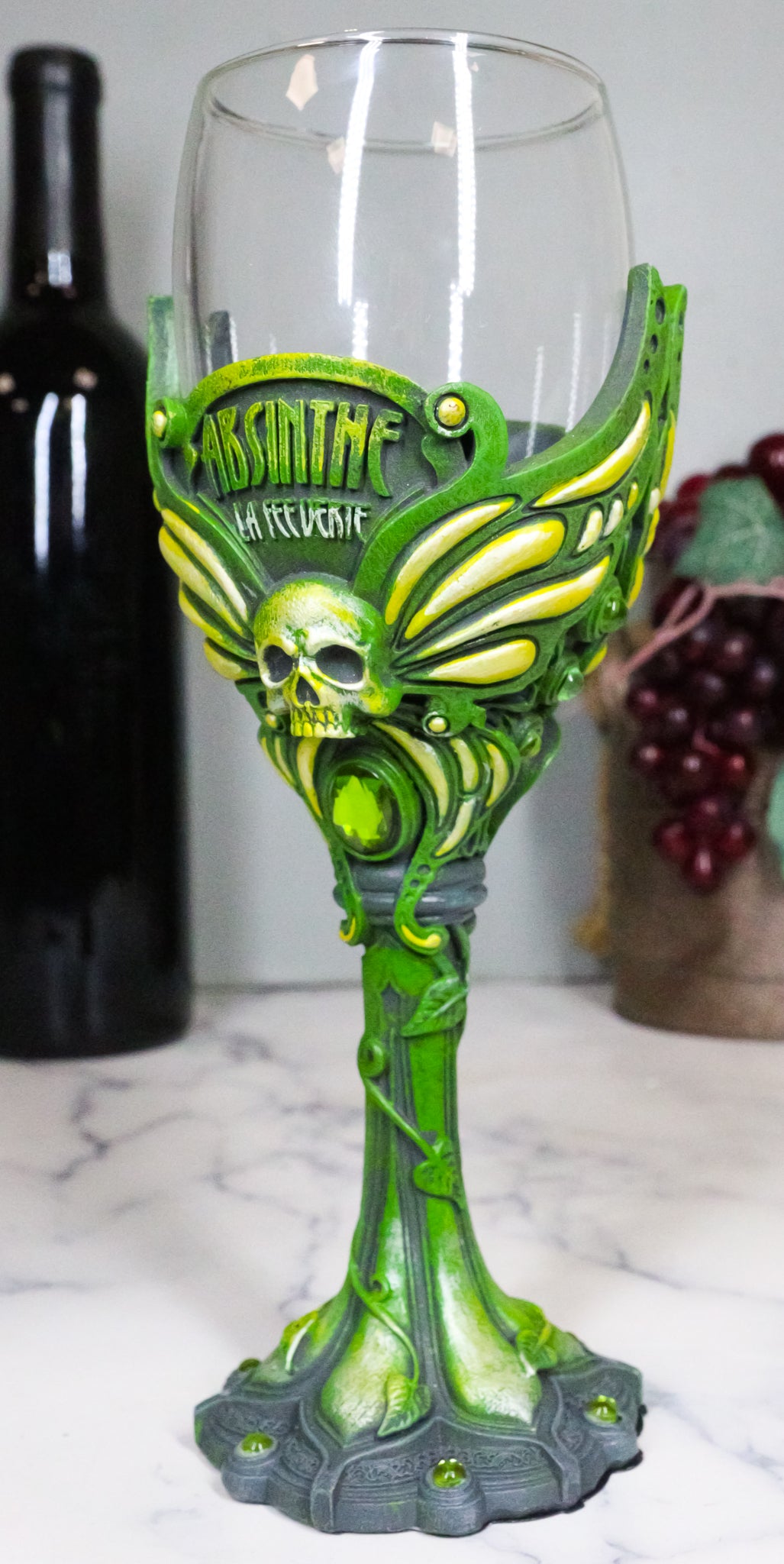 Bohemian Absinthe La Fee Verte Skull With Green Gem And Vine Stem Wine Goblet
