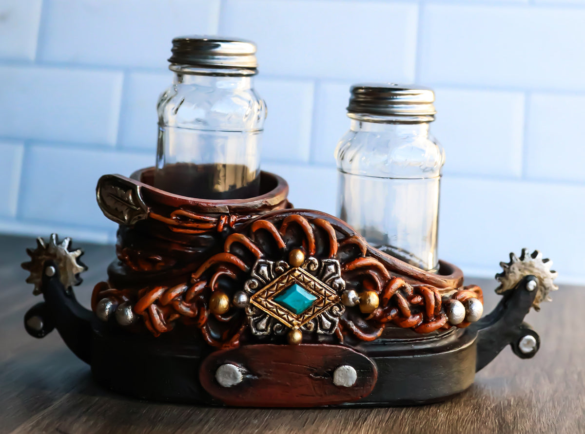 Western Cowboy Double Boot Spurs And Concho Faux Leather Salt Pepper Shakers Set - Ebros Gift