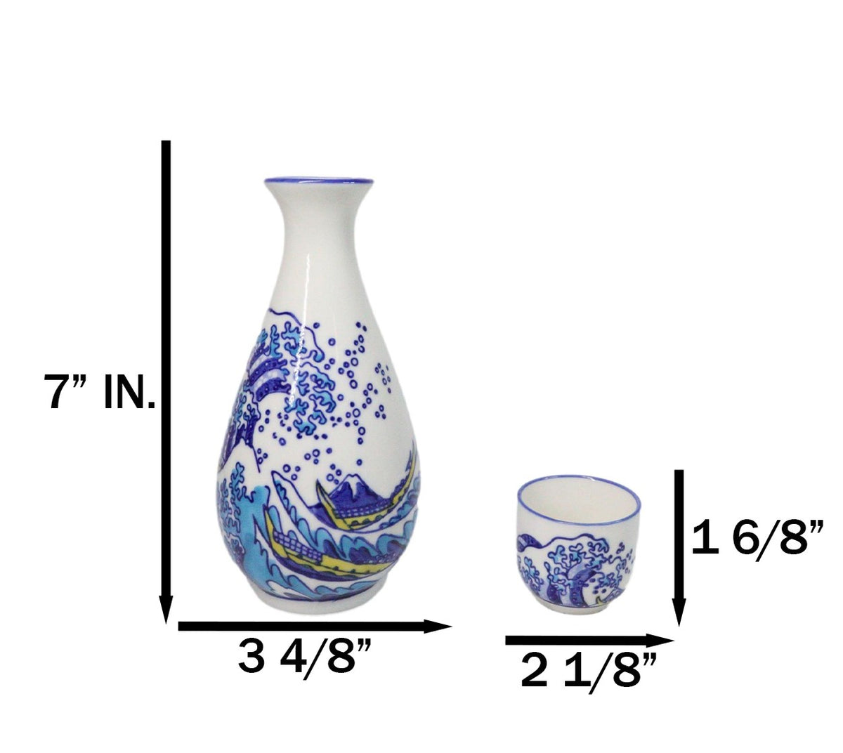 Great Wave Kanagawa Hokusai Porcelain Sake Flask And 4 Ochoko Cups Set