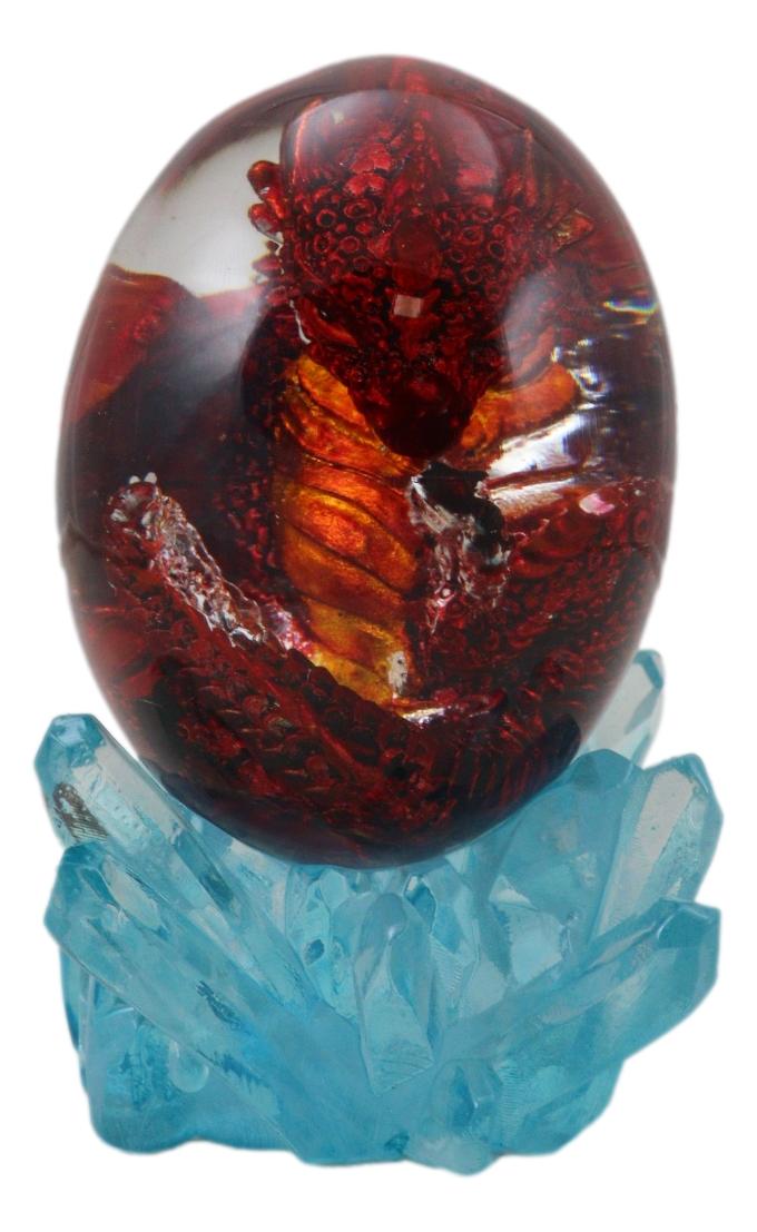 Red Dragon In Acrylic Glass Egg With Blue Crystals And LED Lava Rock Bases