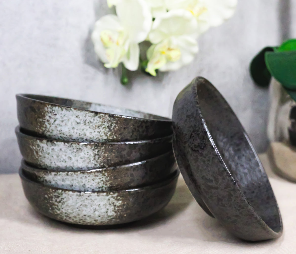 Pack Of 5 Charcoal Grey Tone Hakumu Collection Shallow Bowl Or Deep Plates 10oz