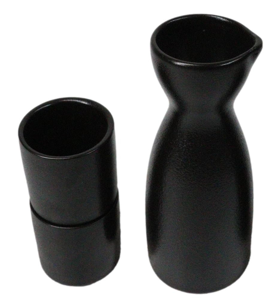 Minimalistic Black Kokuyo Porcelain Japanese Wine Sake Flask With 2 Cups Set