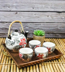 Red Black Koi Fish Porcelain 30oz Teapot With Bamboo Handle And 4 Tea Cups Set
