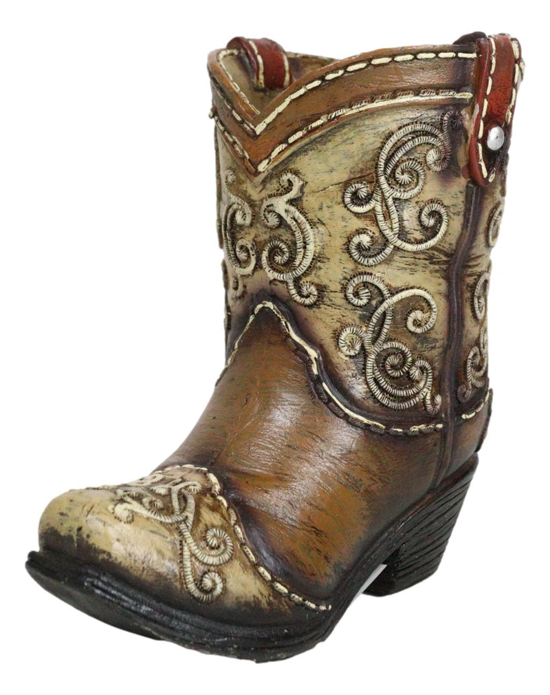 Rustic Western Cowboy Cowgirl Boot Faux Tooled Leather Scrollwork Pen Holder