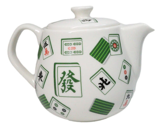 Green And White Iconic Chinese Mahjong Tiles Ceramic Tea Pot 15oz With Strainer