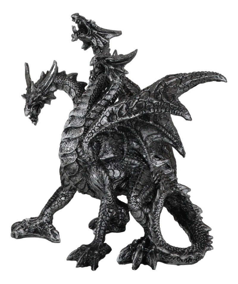 Gothic Silver Three Headed Dragon Hydra Roaring Statue 8" Tall Figurine Decor