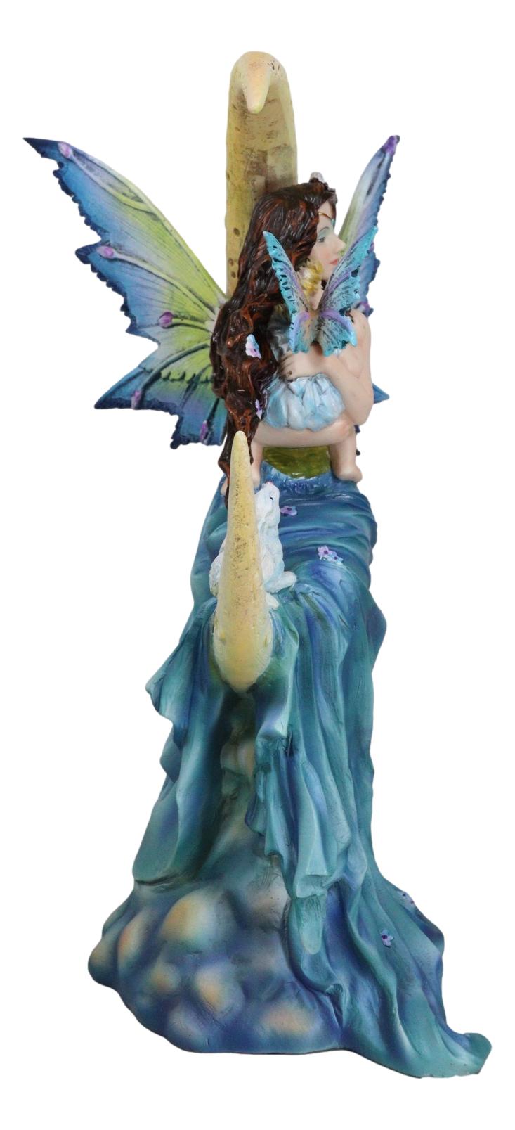 Crescent Moon Lullaby Mother Fairy in Blue Gown Embracing Her Child Baby Statue