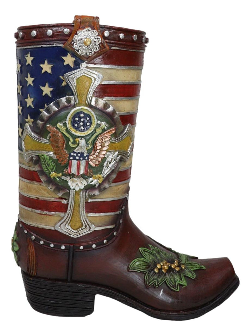 Rustic Western USA Flag Military Cross Olive Branch Cowboy Boot Vase Planter