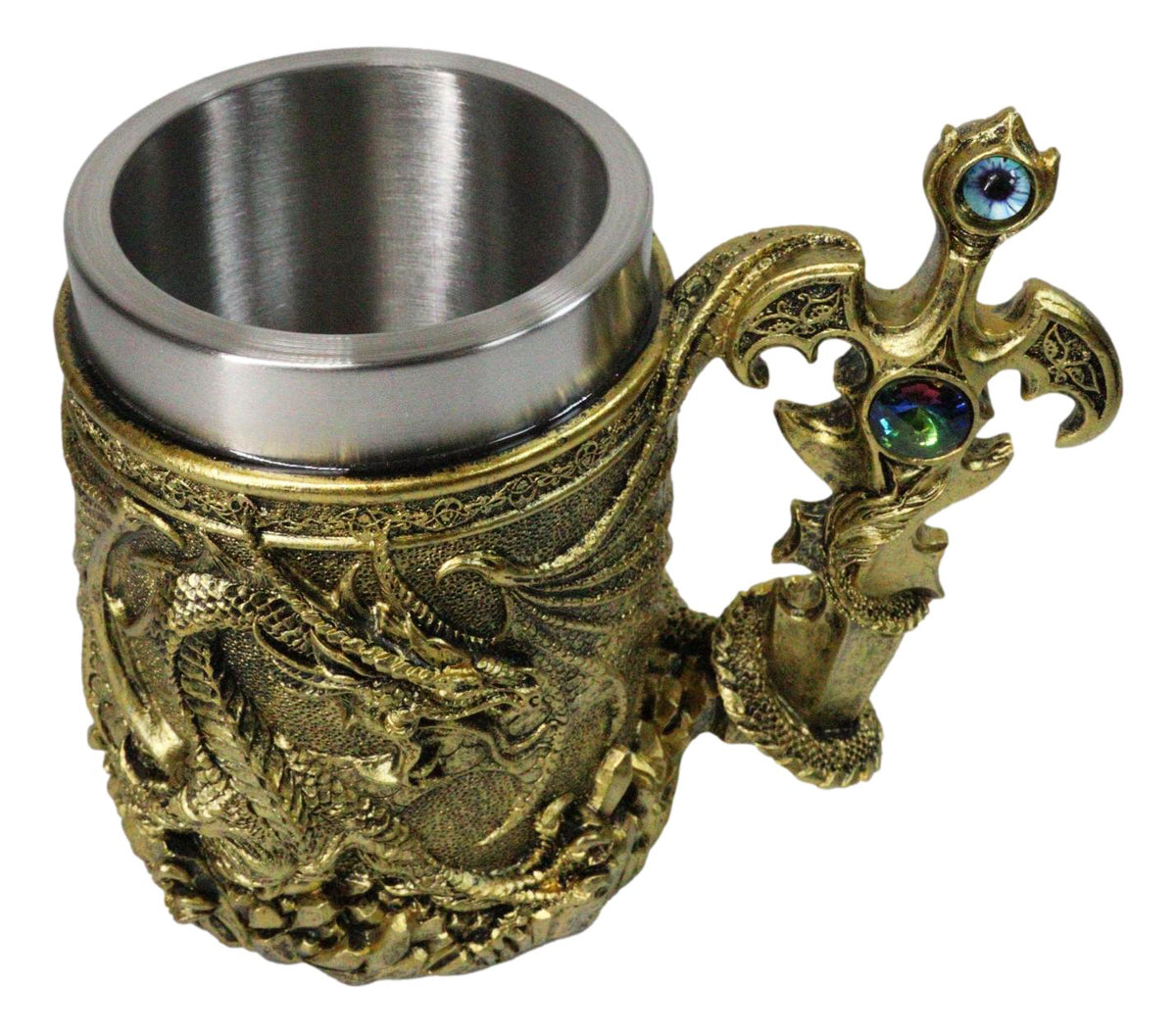 Large Golden Dragon Mug with Jeweled Sword Handle Medieval Fantasy Tankard 20oz