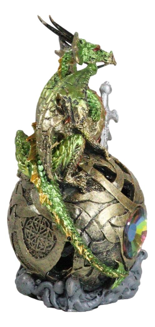 Metallic Green Treasure Dragon Perching On Colorful LED Orb Night Light Figurine