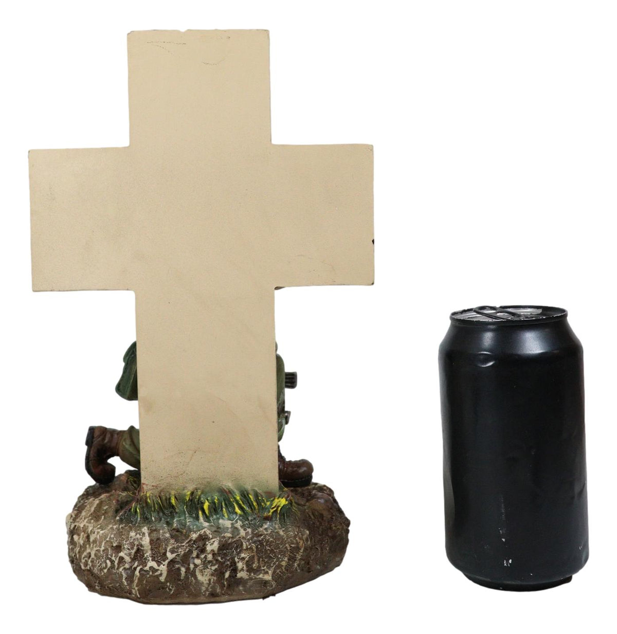 Military War Hero Soldier With Rifle By American Flag Cross Memorial Figurine