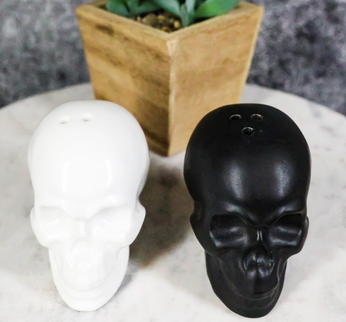 Matte Black And White Sugar Skulls Salt And Pepper Shakers Set Ceramic - Ebros Gift