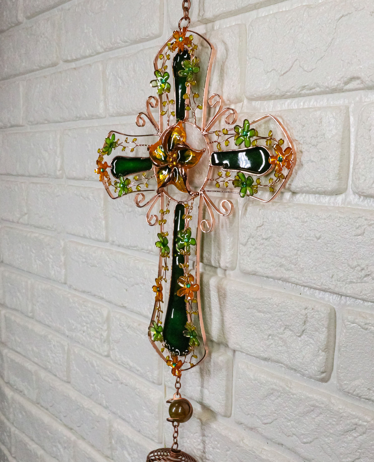 Green Floral Shamrock Cross with Gemstones Metal Scroll Filigree Wind Chime 31"H