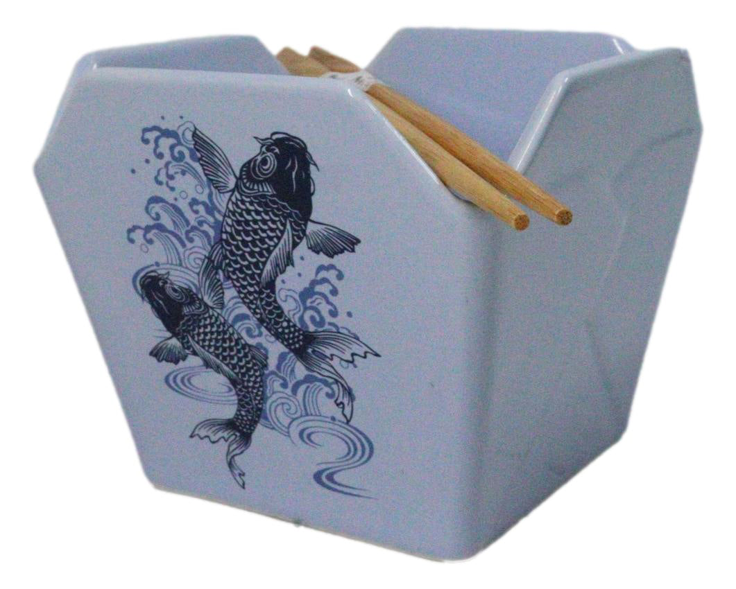 Blue Koi Fishes In Water Takeout To Go Box Serving Bowl With Chopsticks Set