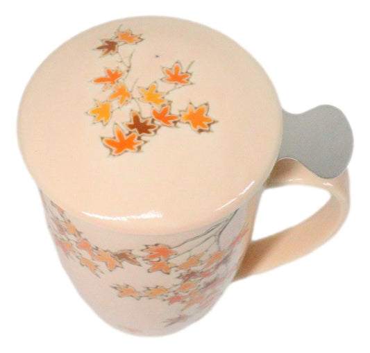 Momiji Maple Leaves 15oz Porcelain Tea Mug With Lid Stainless Steel Infuser